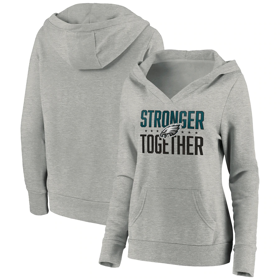 Women's Philadelphia Eagles Heather Gray Stronger Together Crossover Neck Pullover Hoodie(Run Small)